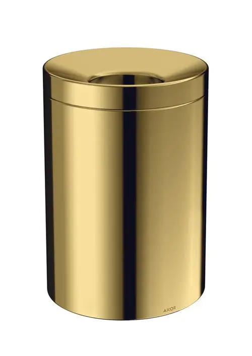 Ein runder Abfalleimer mit glänzender goldener Oberfläche steht auf einem hellen Hintergrund. Die Marke AXOR ist am unteren Rand sichtbar.